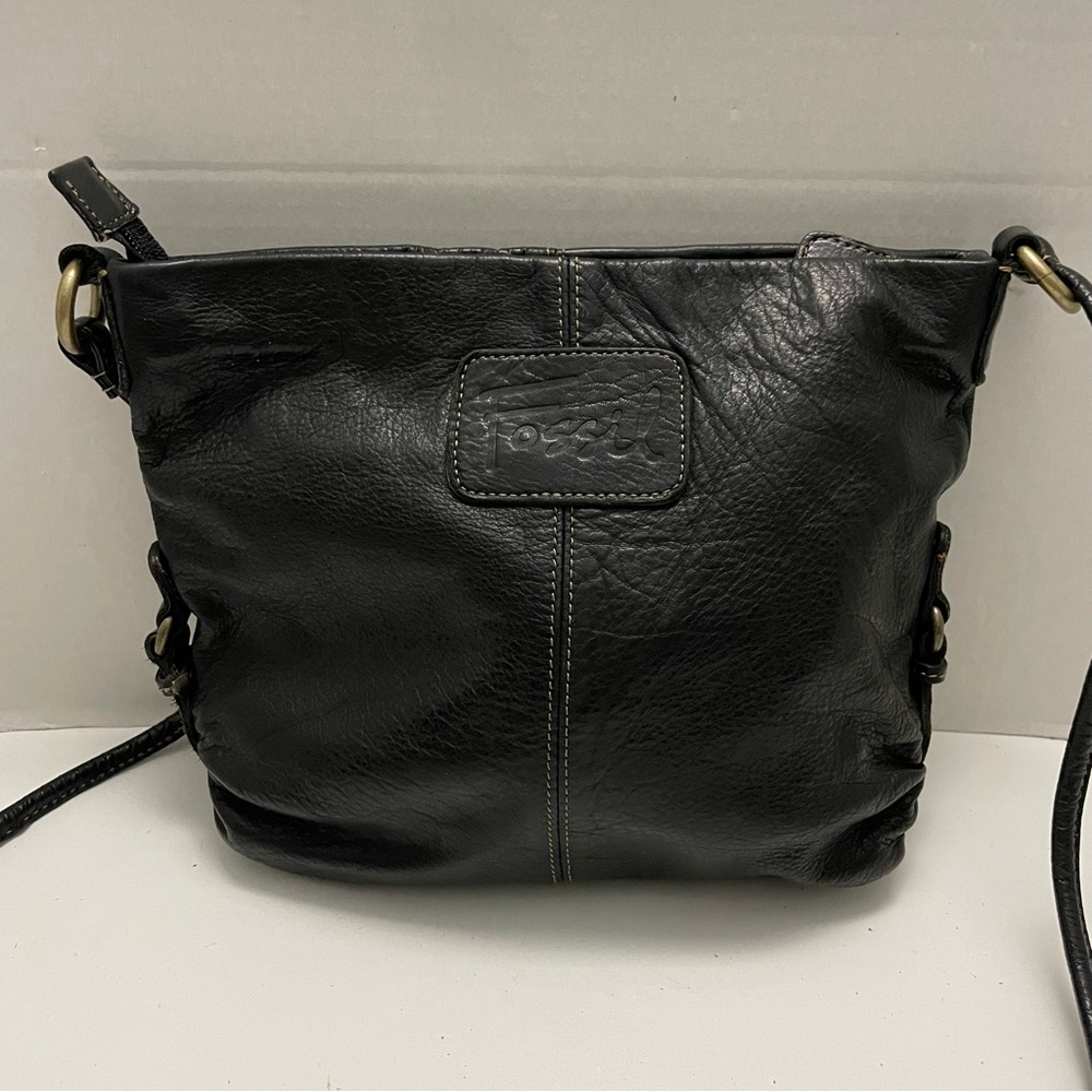 Vintage Fossil Purse Crossbody Pebbled Leather Lightweight Embossed Logo Black